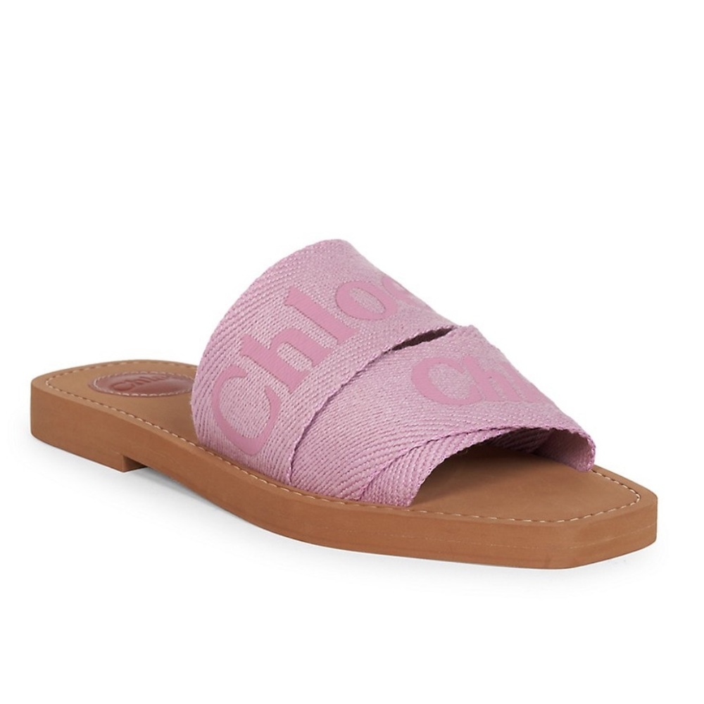 Chloe Woody Flat Logo Ribbon Slide Lilac Sandals